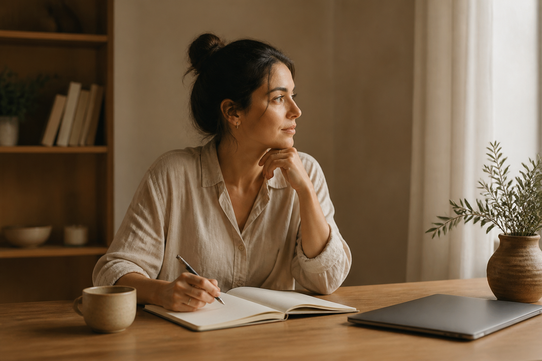 Mujer sentada ante un cuaderno abierto, haciendo una pausa antes de empezar a escribir